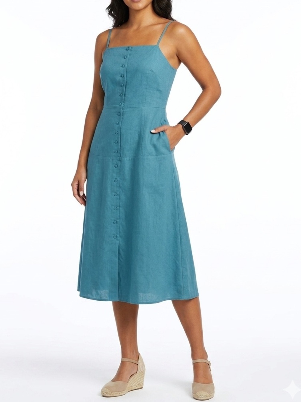 NWT Iris & Ink Blue Cotton Button Down Midi Dress with Pockets Square Neck US 6